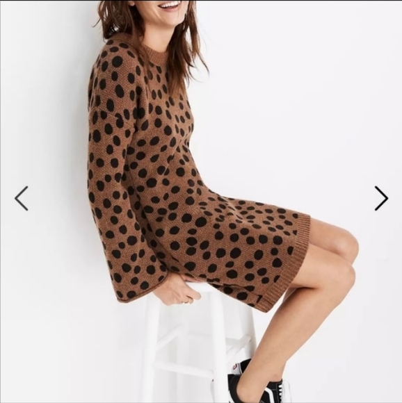 Madewell Black Brown Polka Dot Long Sleeve Wool Sweater Dress Size XS - Picture 3 of 15